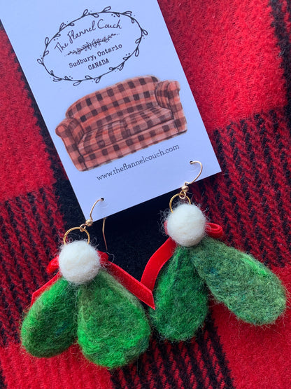 Mistletoe Needle Felted Earrings Holiday Festive