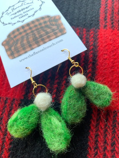 Mistletoe Needle Felted Earrings Holiday Festive