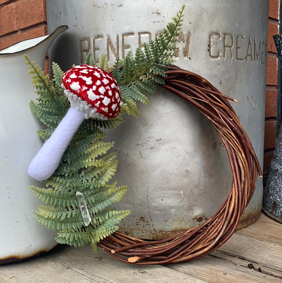 Cottage Core Whimsical Wreaths Mixed Media Amanita Muscaria Red Velvet Mushroom Quartz