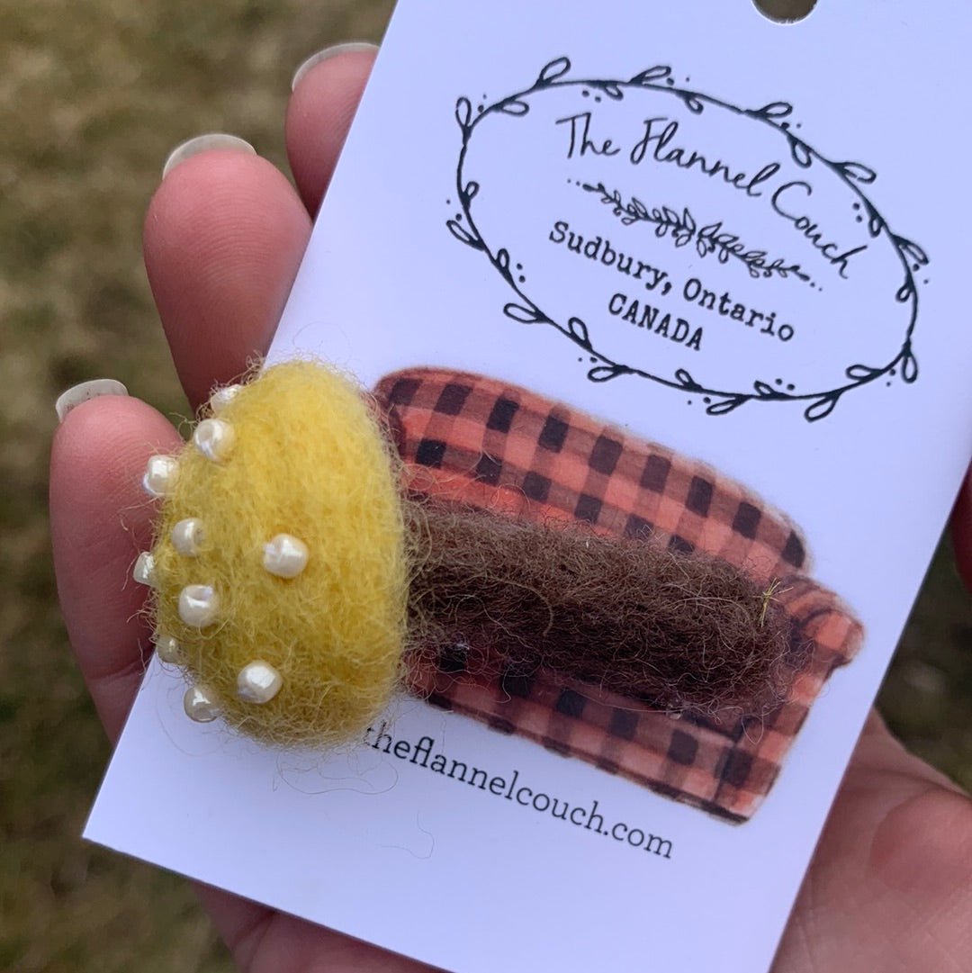 Brooch Needle Felted Yellow/Brown Mushroom - The Flannel Couch